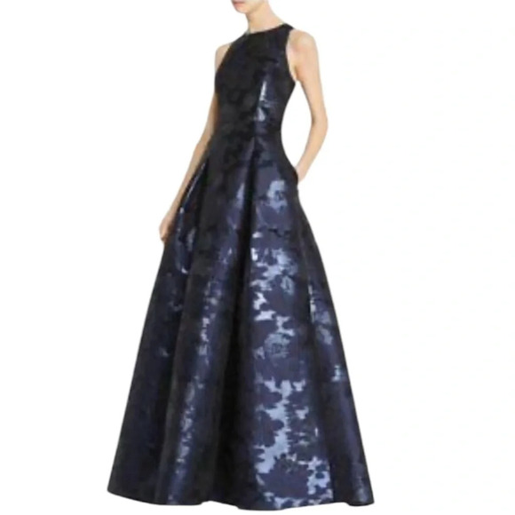 Aidan mattox navy metallic jacquard ball gown size 2 - Picture 1 of 12